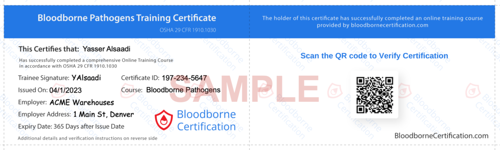OSHA Bloodborne Pathogens Certificate Sample